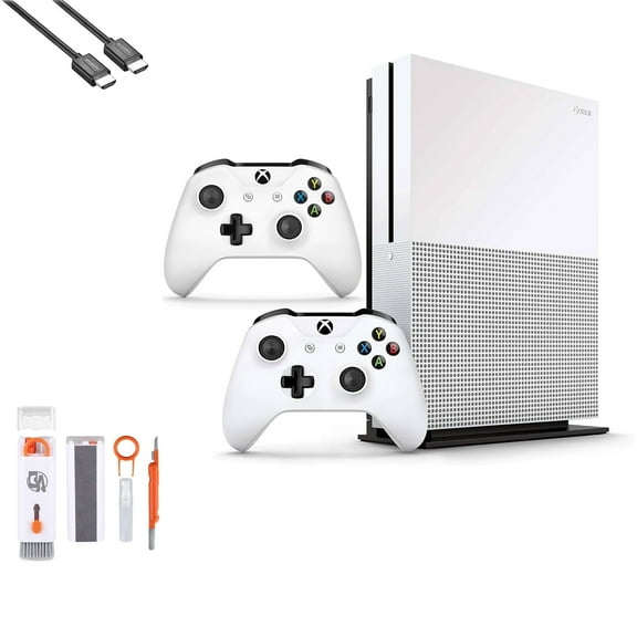 Pre-Owned Microsoft Xbox One S 1TB with 2 Controller, 4K Ultra HD White with BOLT AXTION Cleaning Kit HDMI Bundle