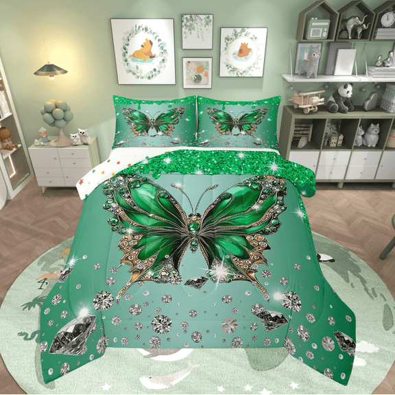 Butterfly Comforter Set Green Sequin Fluid Art Down Comforter,Crystal Diamond Twin Bedding Sets,Rustic Aesthetic Animal Duvet Insert Dreamy Butterflies Room Decor