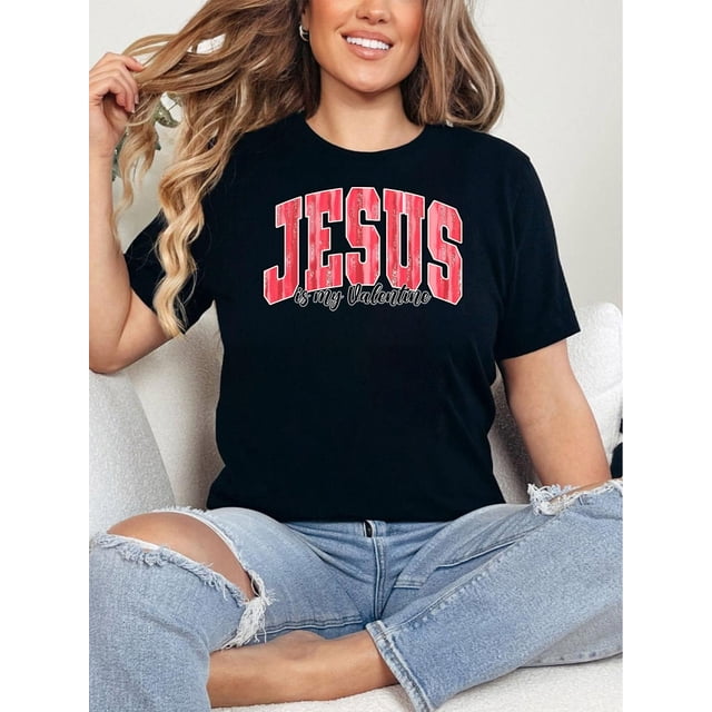 Christian Valentine T-shirt, Retro Love Valentine Vibes Hearts, Jesus Is My Valentine Bible Verse TrCamisetas para mujer, lindas camisetas con estampado gráfico, de manga corta, estilo casual, para ve