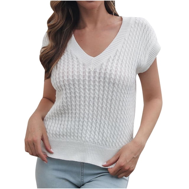 IROINID Women's Sweater Vest V-Neck Pullover Sweater Solid Color Loose Short Length Sleeveless Vest Sweater Vest Outer Wear Inner Wear Autumn and Winter