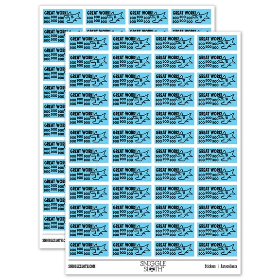 Great Work Doo Doo Doo Shark Teacher Student School Sticker Set - Light Blue - Gloss Finish - 1.25" Mini