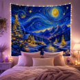 thumbnail image 2 of Deep blue snowy cabin valley beneath swirling stars, Painterly winter fantasy Style for Winter landscape enthusiasts, Thoughtful Gift for Living room, bedroom, reading nook, Tapestry Wall Hanging, 2 of 7