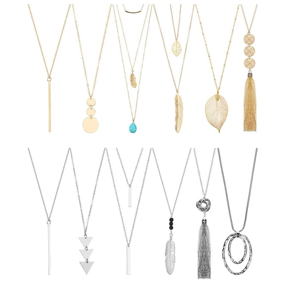 Necklace 12 Pieces Long Pendant Necklace Set Y Tassel Bar Necklace For Women Necklace for Women Charm Necklace Adjustable Glitter Bling Chain Necklace Jewelry Birthday Christmas Gifts for Mom