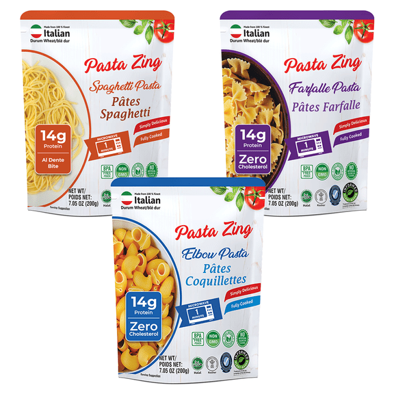 Pasta Zing Variety Pack, Fully Cooked Italian Pasta, Ready in 1 Minute, 3x Spaghetti 2x Farfalle 2x Elbow, 7 Pack 7.05 oz