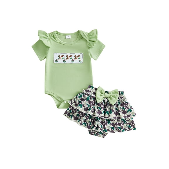Baby Toddler Girl Summer Clothes Set 3 6 12 Months Duck Ruffle Short Sleeve Romper Camouflage Ruffle Shorts 2 Piece Outfit