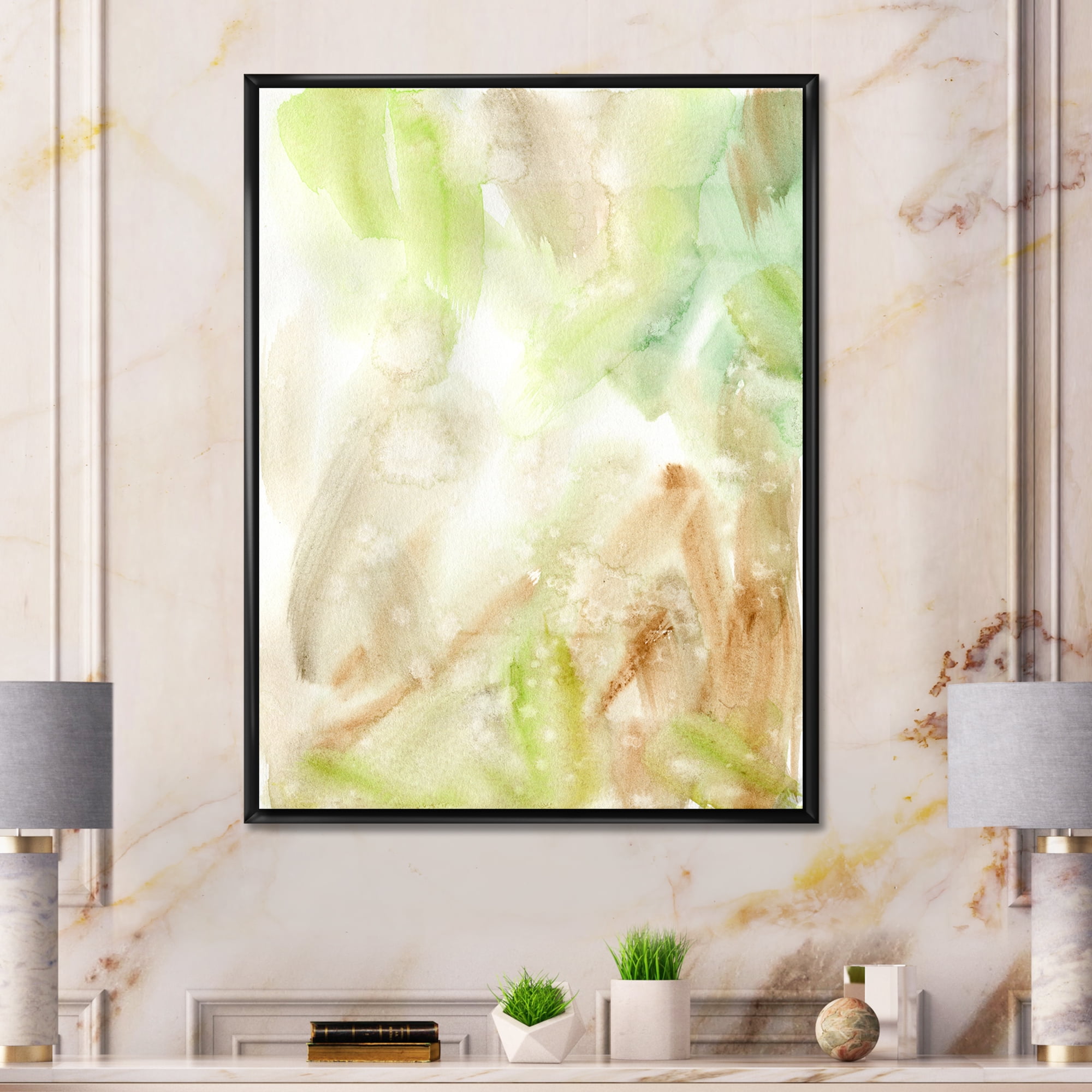 Designart 'Pastel Abstract With Brown Green and Beige Spots' Modern Framed Canvas Wall Art Print