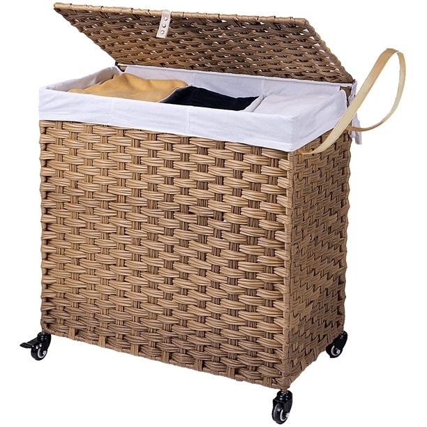 Laundry Hamper with Wheel, Synthetic Rattan Wicker Handwoven Laundry
