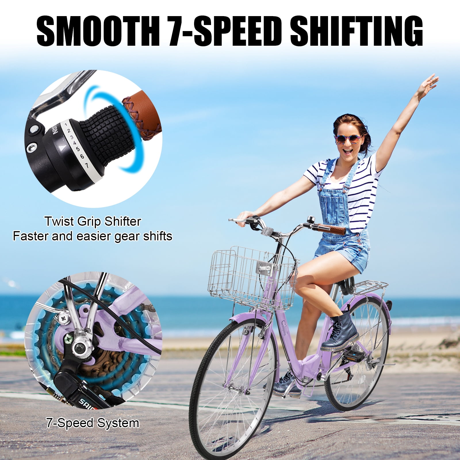 Ktaxon 26in Folding Beach Cruiser Bike for Women, 7-Speed City Commuter Bike with Lock, Basket & Rack, Purple