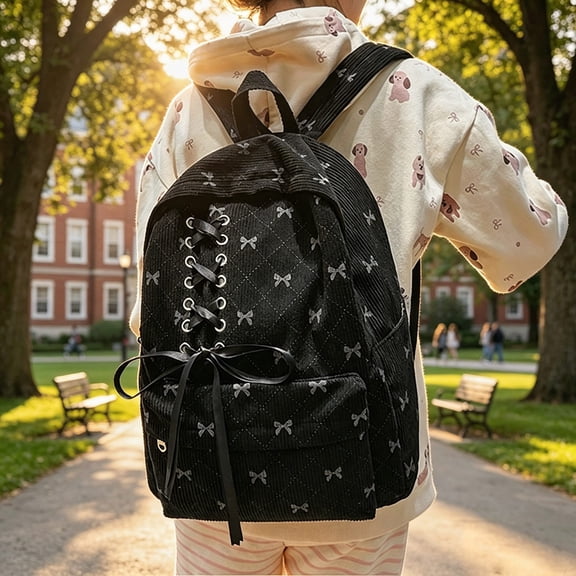 Backpacks for Girls Corduroy Bow Backpack for Students Casual Commute Lightweight Daypack Black One Size