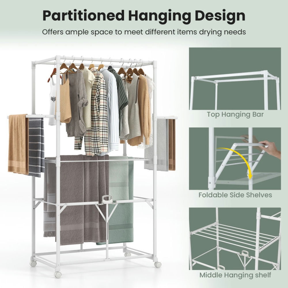 Finihen Drying Rack, Clothes Drying Rack, 68.5 Inches Foldable Aluminum Laundry Rack with Hanging Rods and Drying Shelves, for Indoor, Outdoor, White Finihen Drying Rack, Clothes Drying Rack, 68.5 Inches Foldable Aluminum Laundry Rack with Hanging Rods and Drying Shelves, for Indoor, Outdoor, White