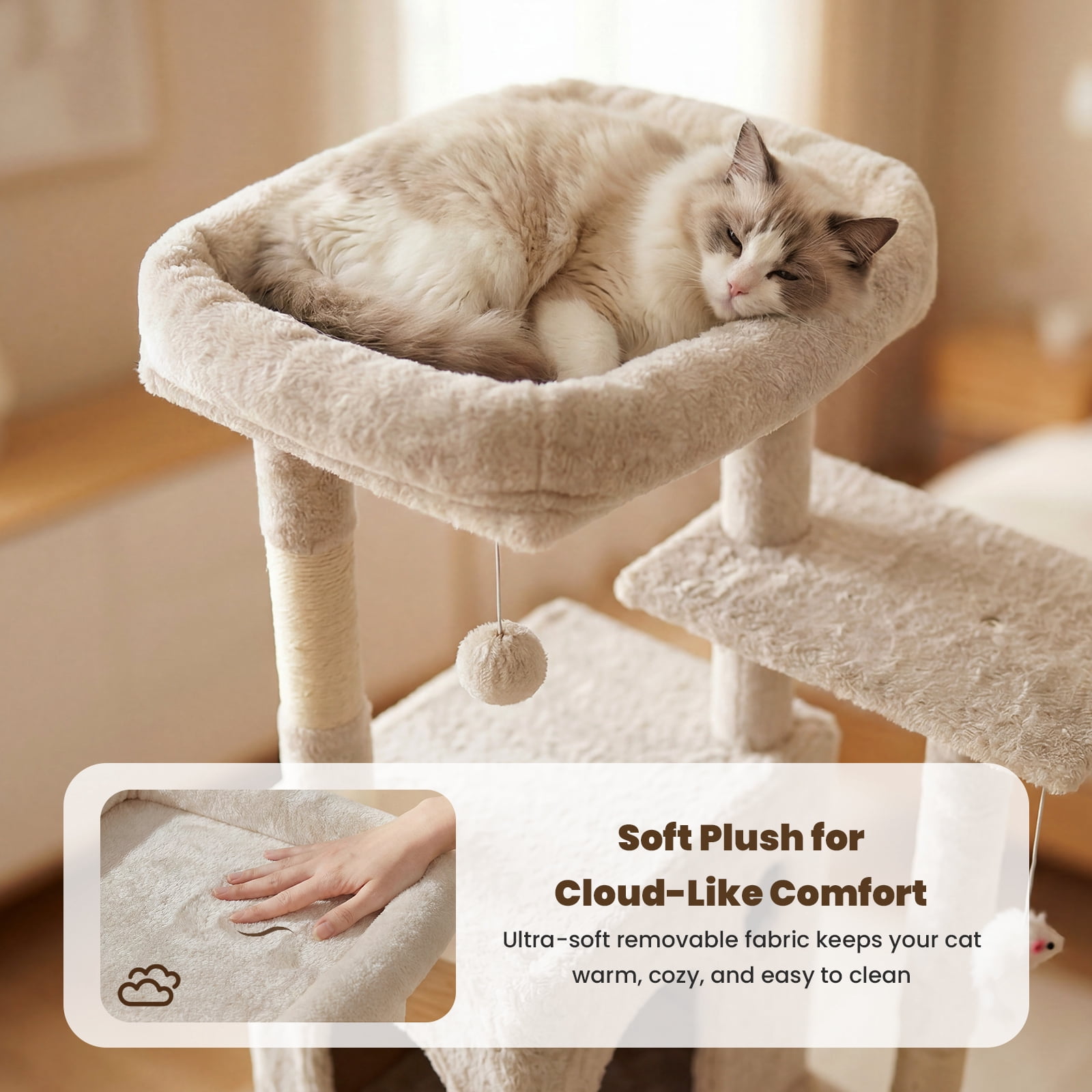 50-inch Large Cat Tree for Adult Cats, Multi-Level Cat Condo with 2 Cozy Caves, Steps, Sisal Scratching Posts & Toys, Beige