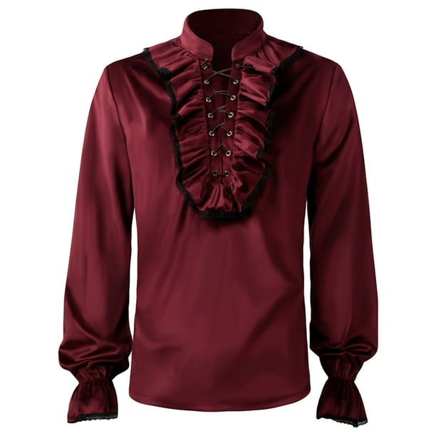 Camisa medieval de caballero de moda para hombre - Cuello gótico con volantes, manga larga - Ante - Liso - Fiesta/Cita - Todas las estaciones - Varias tallas
