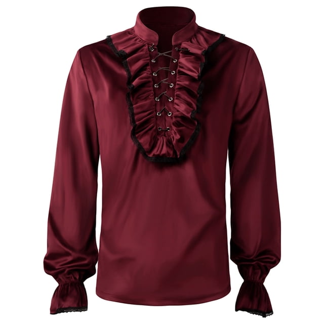 Mens Fashion Style Medieval Gentleman Shirt Gothic Ruffled Collar Long Sleeves Shirt Flock