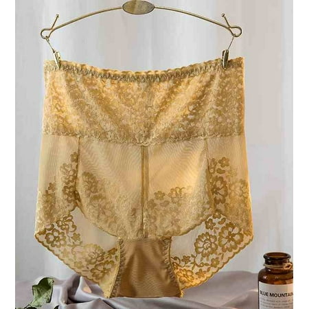

Promotion! Womens Sexy Lace Underwear Cotton Crotch Panties High Waisted Floral Lace Brief Tulle Underpants Yellow XL