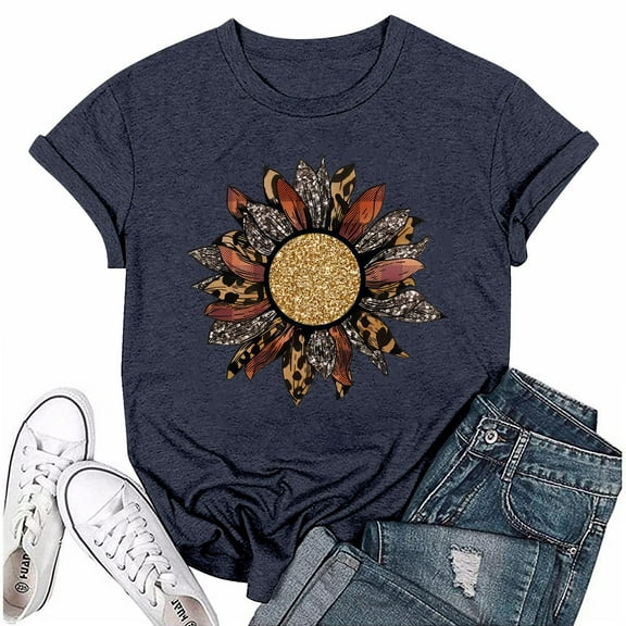 NAMTYQX Blouses for Women Casual Light Soft Looses Short Sleeve Muster Graphic Plus Size Crewneck Basic Womens Blouses Gold Size M