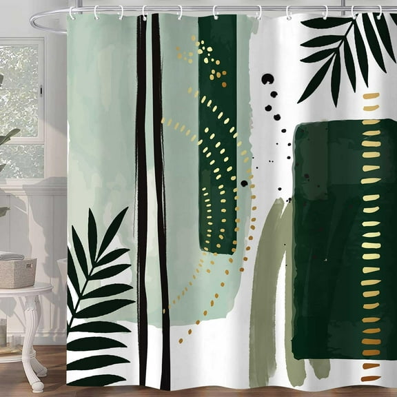 Green Mid Century Shower Curtain for Bathroom, Modern Boho Geometric Abstract Bath Curtains, Green Minimalist Striped Fabric Waterproof Shower Curtain Set with Hooks 72"W x 72"L (Pack of 1)