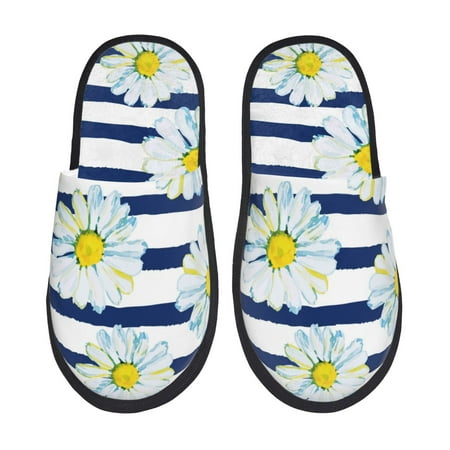 Balery Daisy Striped Nautical Slient Indoor Furry Fleece Comfort House Shoes Soft Non-Slip Home Shoes Cotton slippers House Slippers-- Medium