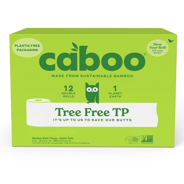 Papel higiénico Caboo de bambú, 2 capas, apto para sistemas sépticos, 12 rollos
