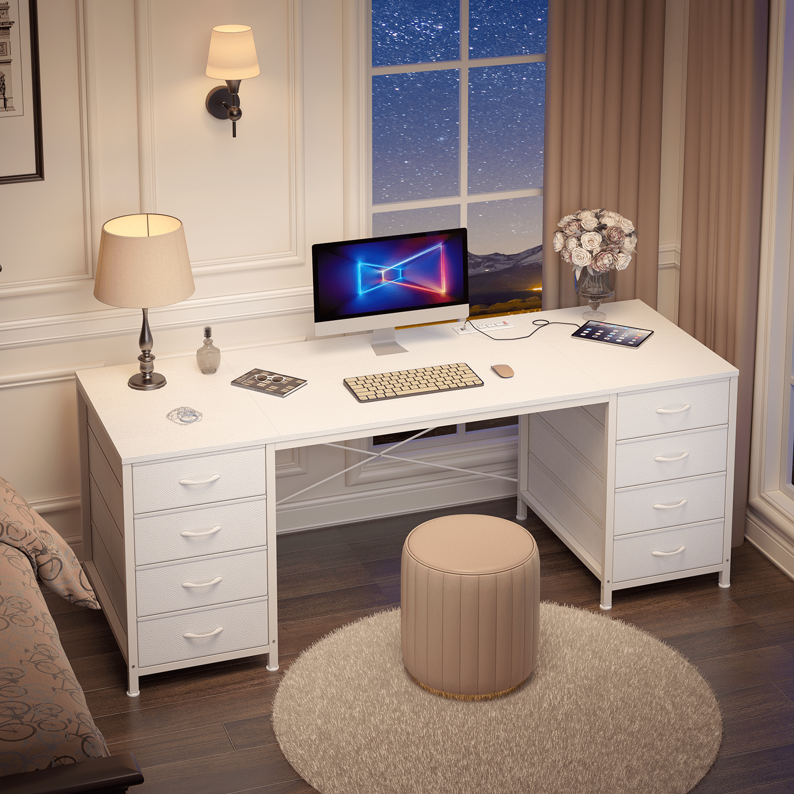 60 Inch Computer Desk with 8 Drawers, Home Office Desk with Power Outlets, Work Study Gaming Desk with 8 Fabric Drawers, White