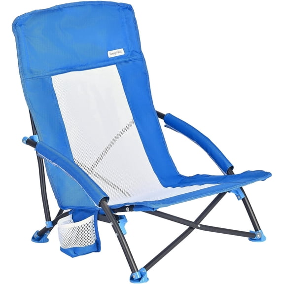 Sunnyfeel Folding Low Beach Chair, Breathable Mesh Lawn Chair with Detachable Cup Holder & Padded Armrests for Beach Camping Patio, 1 Pack, Blue