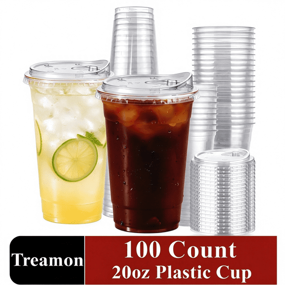 Treamon Clear Plastic Cups with Lids, Disposable Ice Coffee Cups with Strawless Sip Lids, 20 oz 100 Count