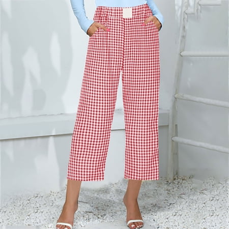 Lroveb Pajama Pants for Women Lounge Pants Womens Womens Casual Pants Cute Soft Elastic Low Rise Vintage Plaid Print Button Front Capri Light Red