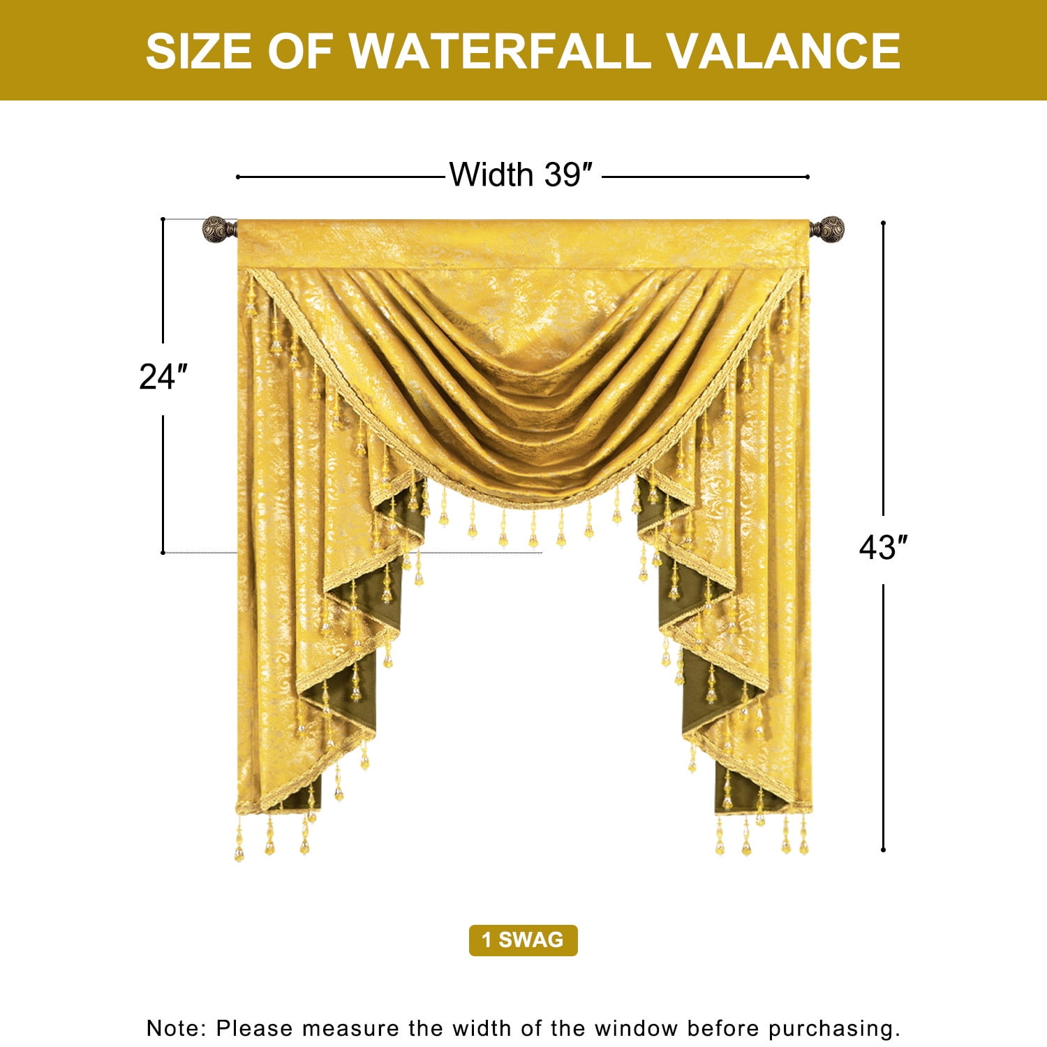 VOGOL Velvet Waterfall Valance for Bedroom, Soft Textured Prin Curtain with Elegant Tassel Design, Rod Pocket, 39x43 Inches, Bright Yellow, 1 Panel