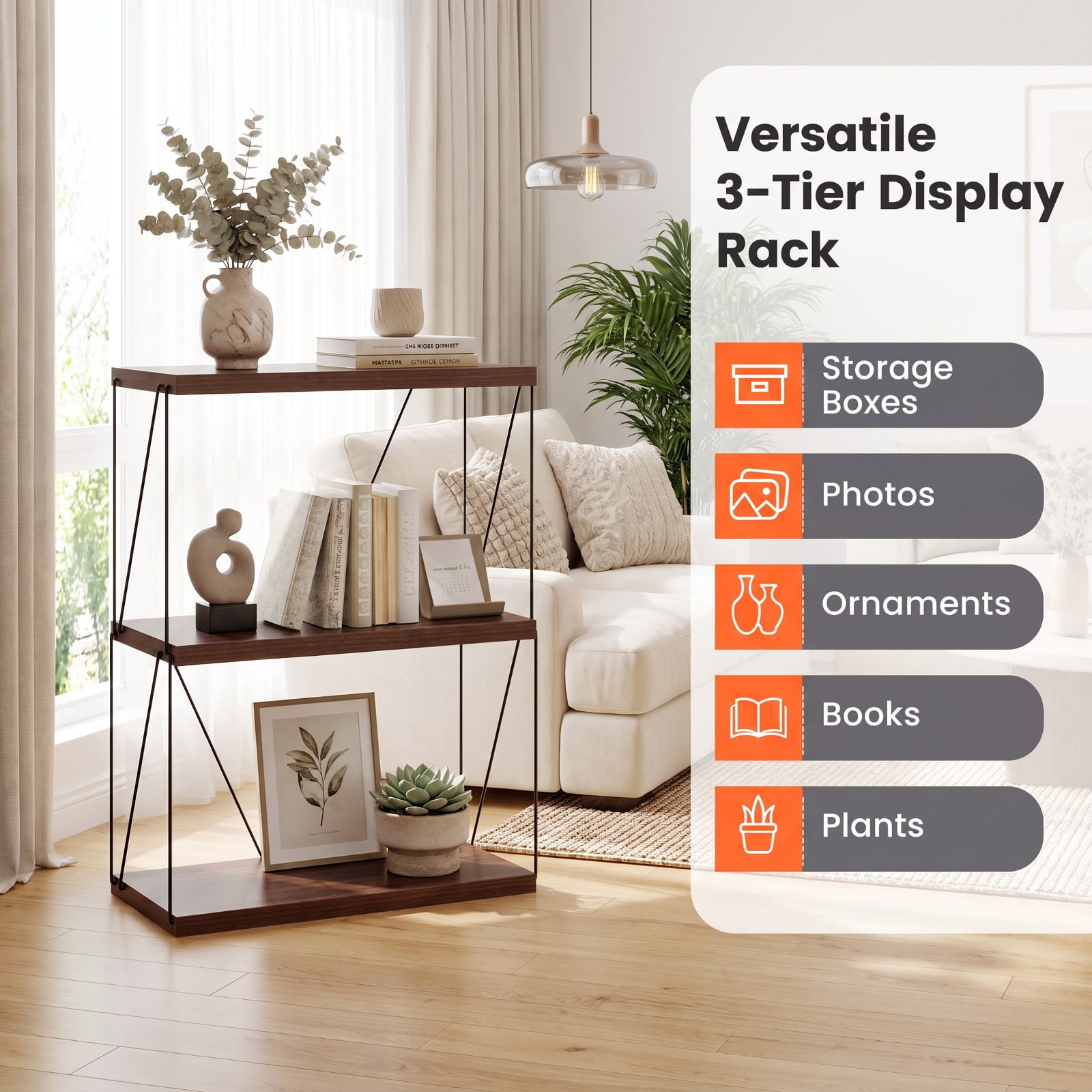 Furnibear 3-Tier Multipurpose Display Rack with Metal Frame for Living Room Home Office Bedroom Display Storage Shelf, Walnut