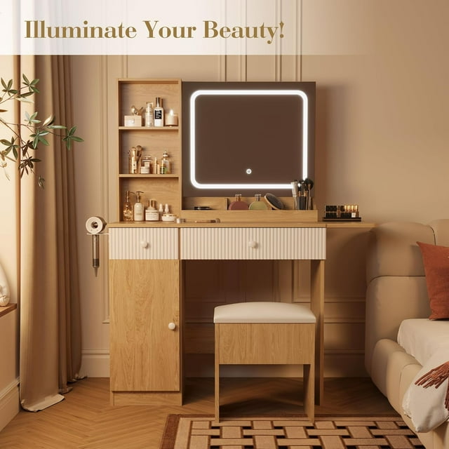 CazToi LED Vanity Desk with Charging Station Makeup Table with Mirror & Storage