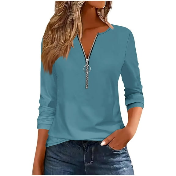 mihongmao Black * Friday Fashion Women's Casual Printed Round Neck Long Sleeve T-shirt Blouse Zipper Tops Blue XXL