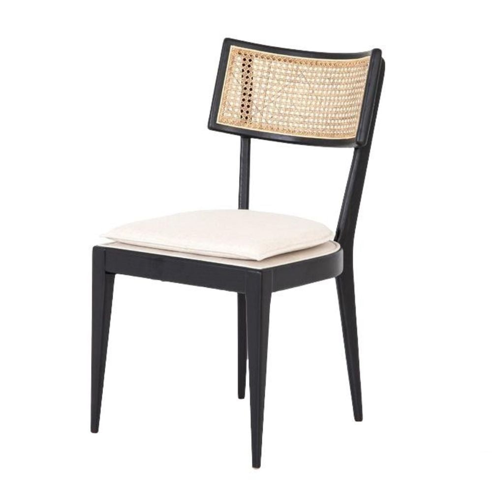 Claudette Dining Chair in Black-Natural, Solid Wood Dining Chair, Natural Rattan Cane Dining Chair, Cushioned Seat,Upholstered Dining Chair - Set 2