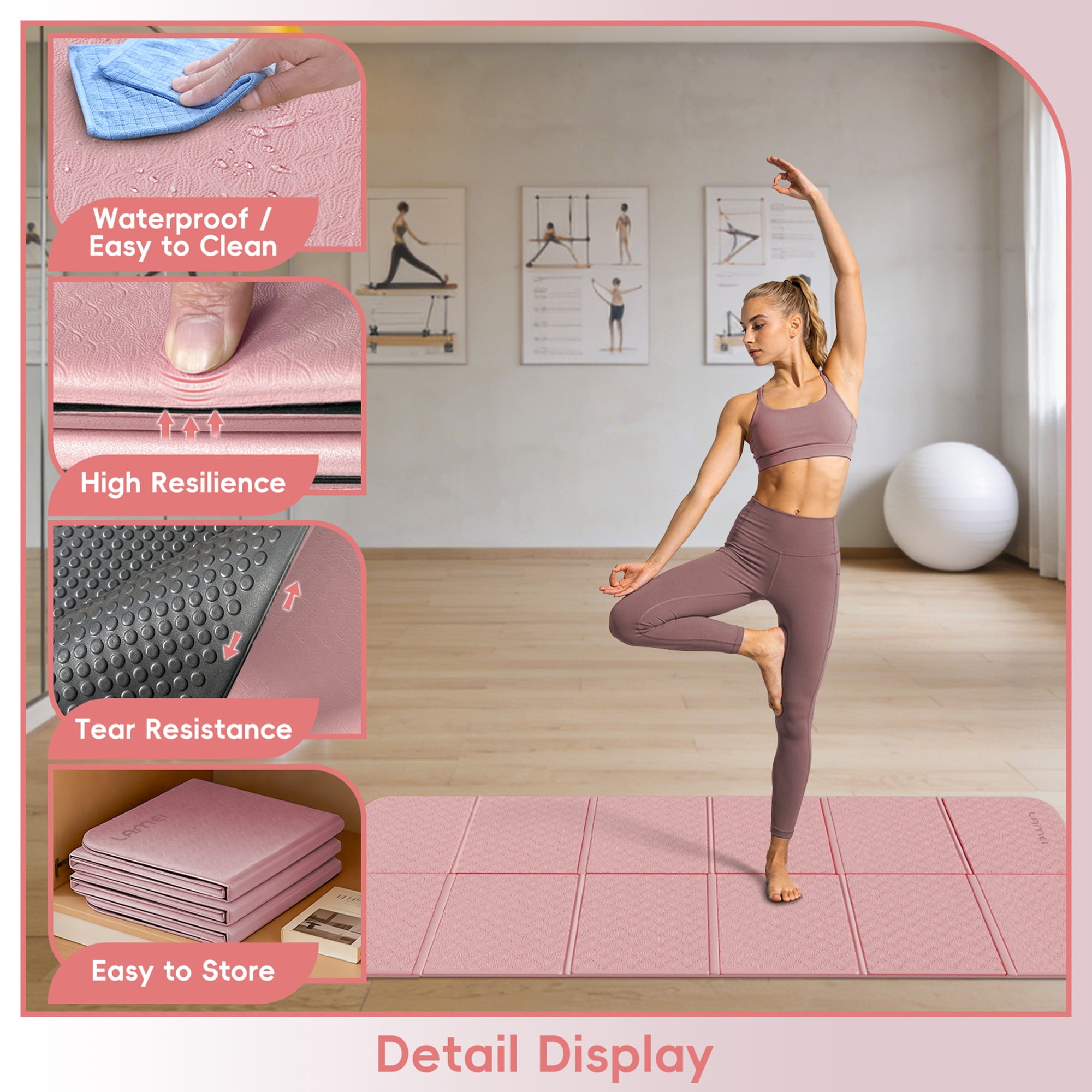 LAMEI Foldable Yoga Mat for Travel, 6mm Thick TPE Pilates Mat Thick, Non Slip Folding Exercise Mats for Home Workout with Bag(Pink+Black)