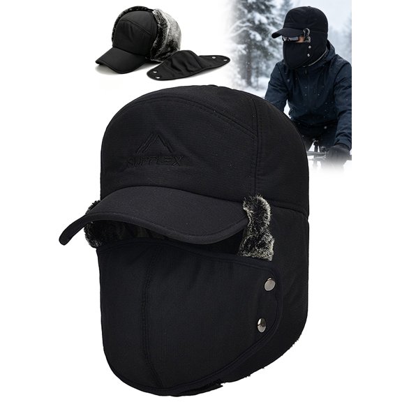 Gustave Men Women Trapper Hat Warm Windproof Trooper Hat with Ear Flaps Face Warmer Thermal Fur Lined Ski Cap "Black"