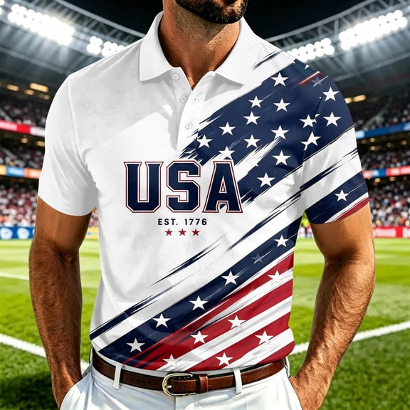 USA 2026 Soccer Cup Style Patriotic Polo Shirt for Men, Short Sleeve Quick-Dry Mesh Breathable Top with Stars & Stripes Graphic, Lightweight Sports Jersey, 1 PC Blue L