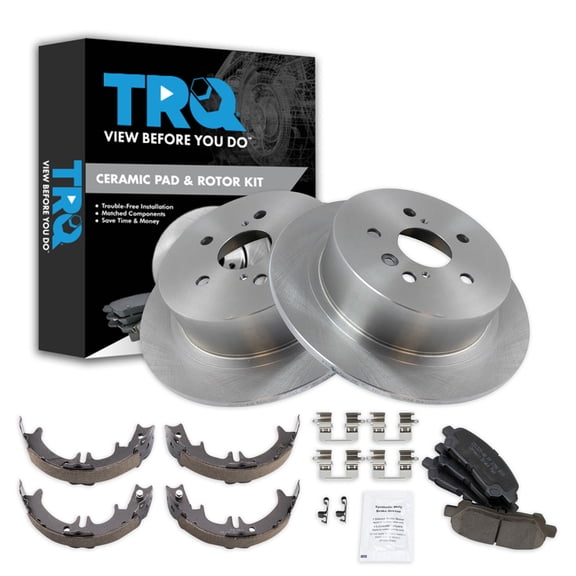 TRQ Rear Brake Pad & Rotor Kit Brake Pads Brake Rotor Parking Brake Shoe Set Ceramic Fits Select 2012-2013 Toyota Highlander