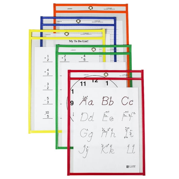 C-Line Reusable Dry Erase Pockets, 9 x 12, Assorted Primary Colors, 25/Box