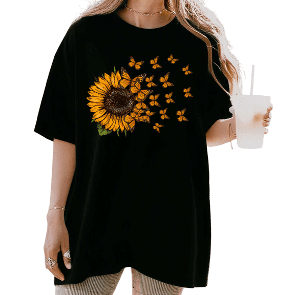 UNISHE Women's Sunflower with Monarch Butterflies Graphic Short Sleeve T-Shirt Casual Cotton Crewneck Top