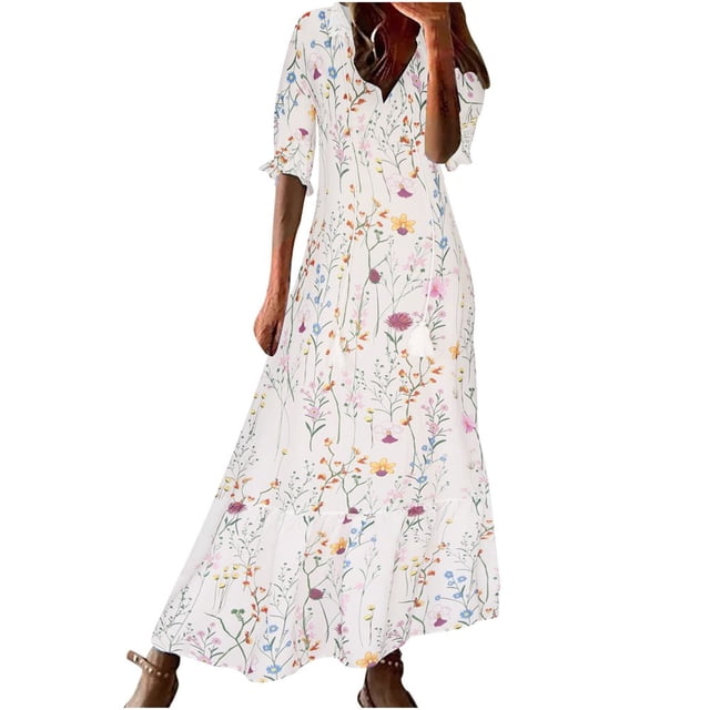 JUNWELL Robes d'Été pour Femmes Mode Femmes Robe Ample Col en V Été Manches Courtes en Coton et Lin