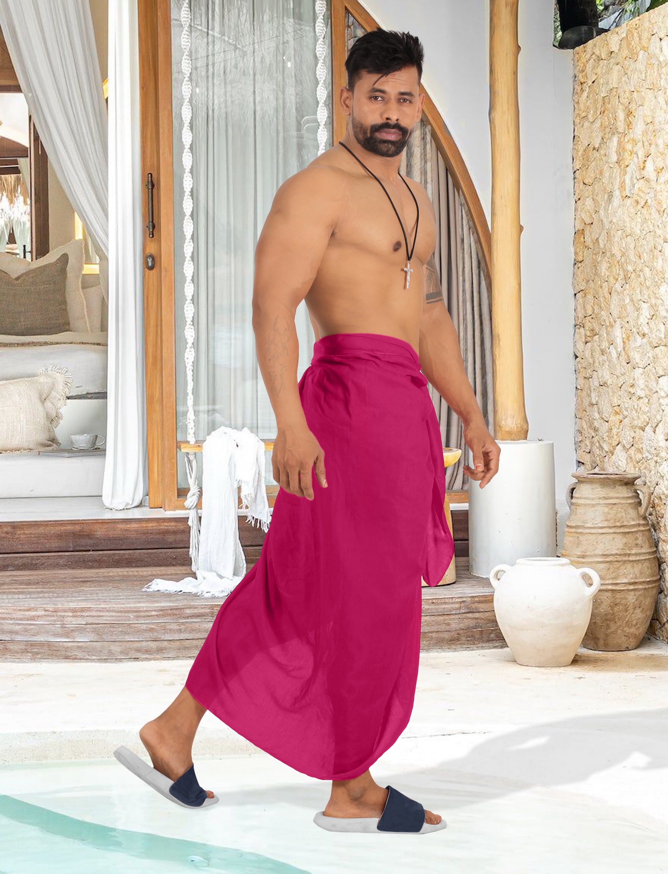 HAPPY BAY Men's Pareo Standard Swimsuits Sarong Full Beach Wrap One Size  Magenta-V29