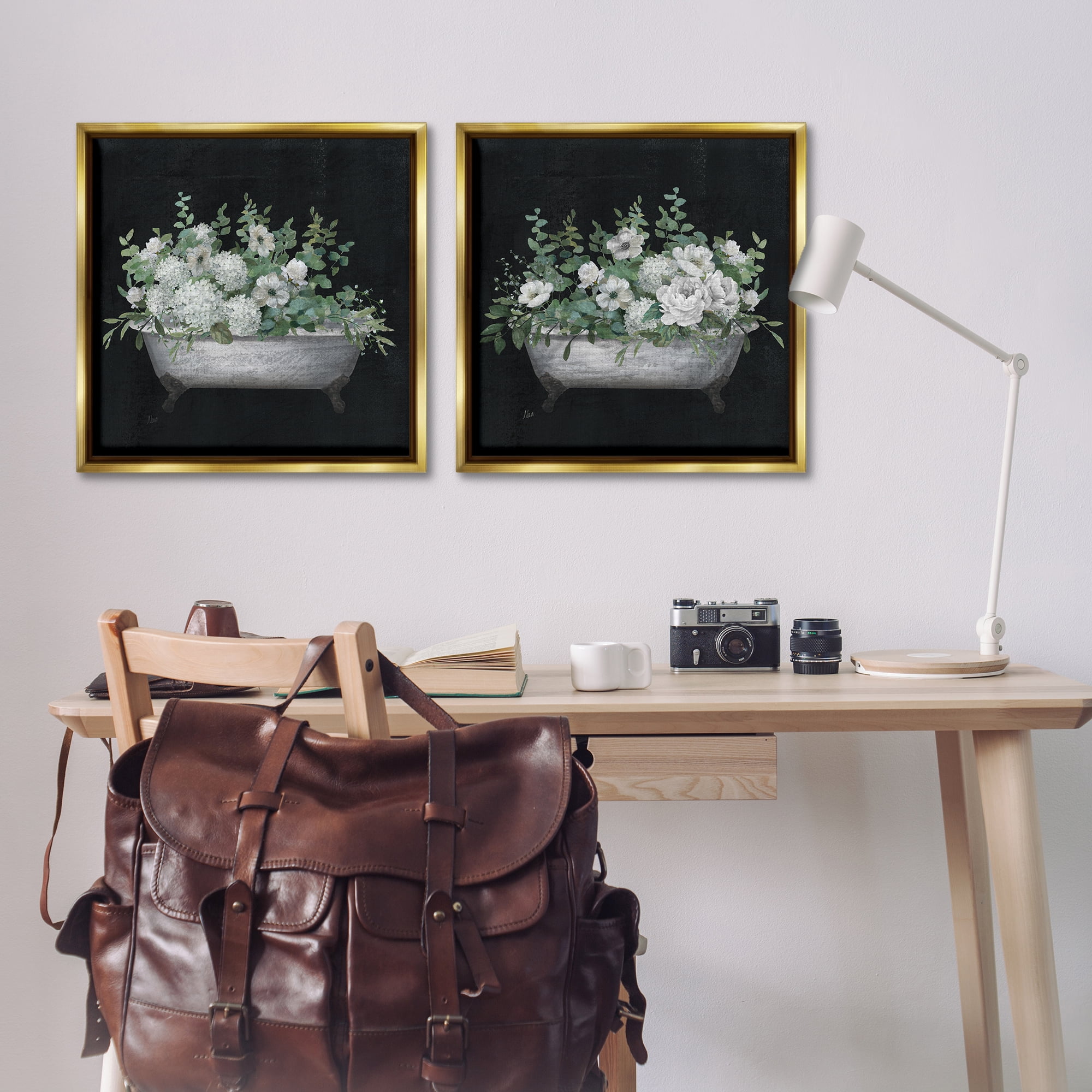 Stupell Industries Filled White Floral Soaking Tub Bath & Laundry Painting Gold Floater Framed Canvas Art Print Wall Art, 25 x 25, Set of 2