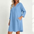 thumbnail image 3 of Bosfbaoi Linen Dresses for Women V Notch Neck 3/4 Roll Sleeve Loose A‑Line Short Dress with Side Pockets, 3 of 7