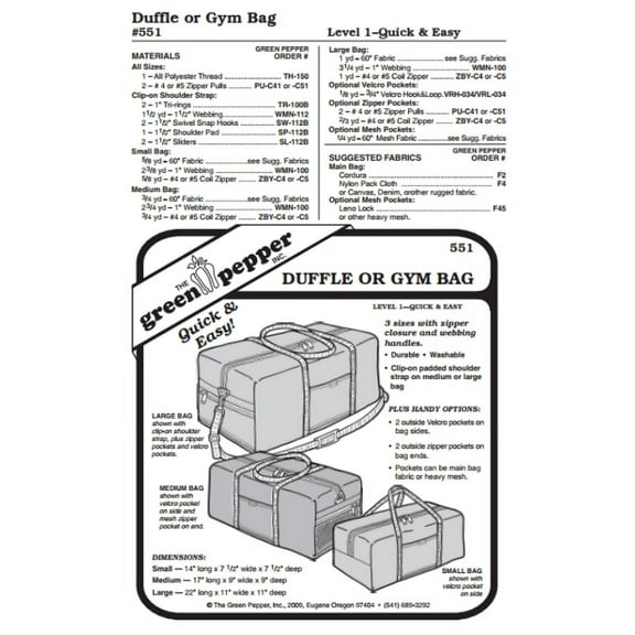 Duffle or Gym Bag Pack Carry-All Luggage Bag #551 Sewing Pattern (Pattern Only)