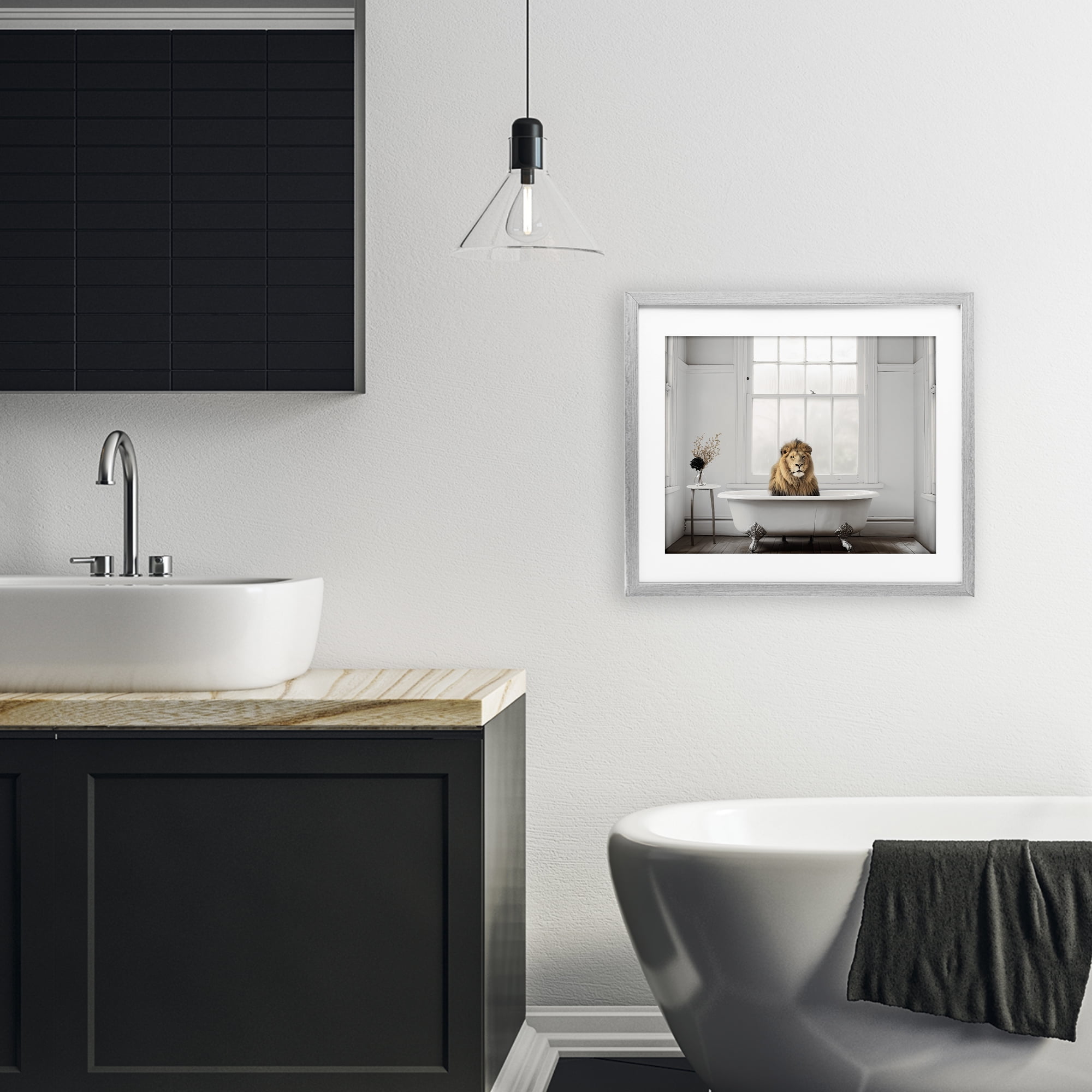 Minimalist Lion Bathtime Gray Framed Print Under Glass, design by Sasha