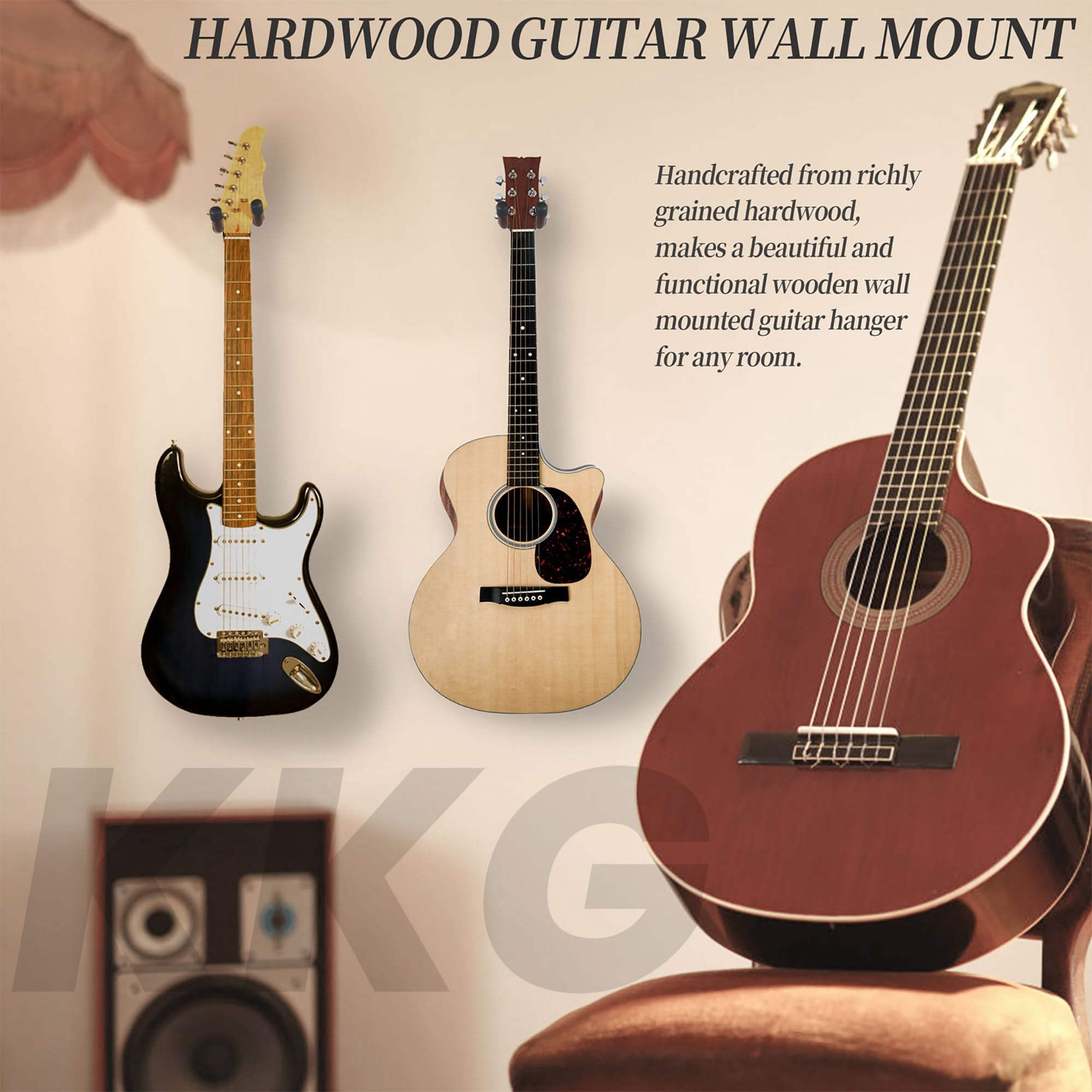 6 Pack Guitar Brown Wall Mount  Solid Wood U-shaped Hanger For Acoustic Electric Banjo Bass - Holder Hook Stand Player