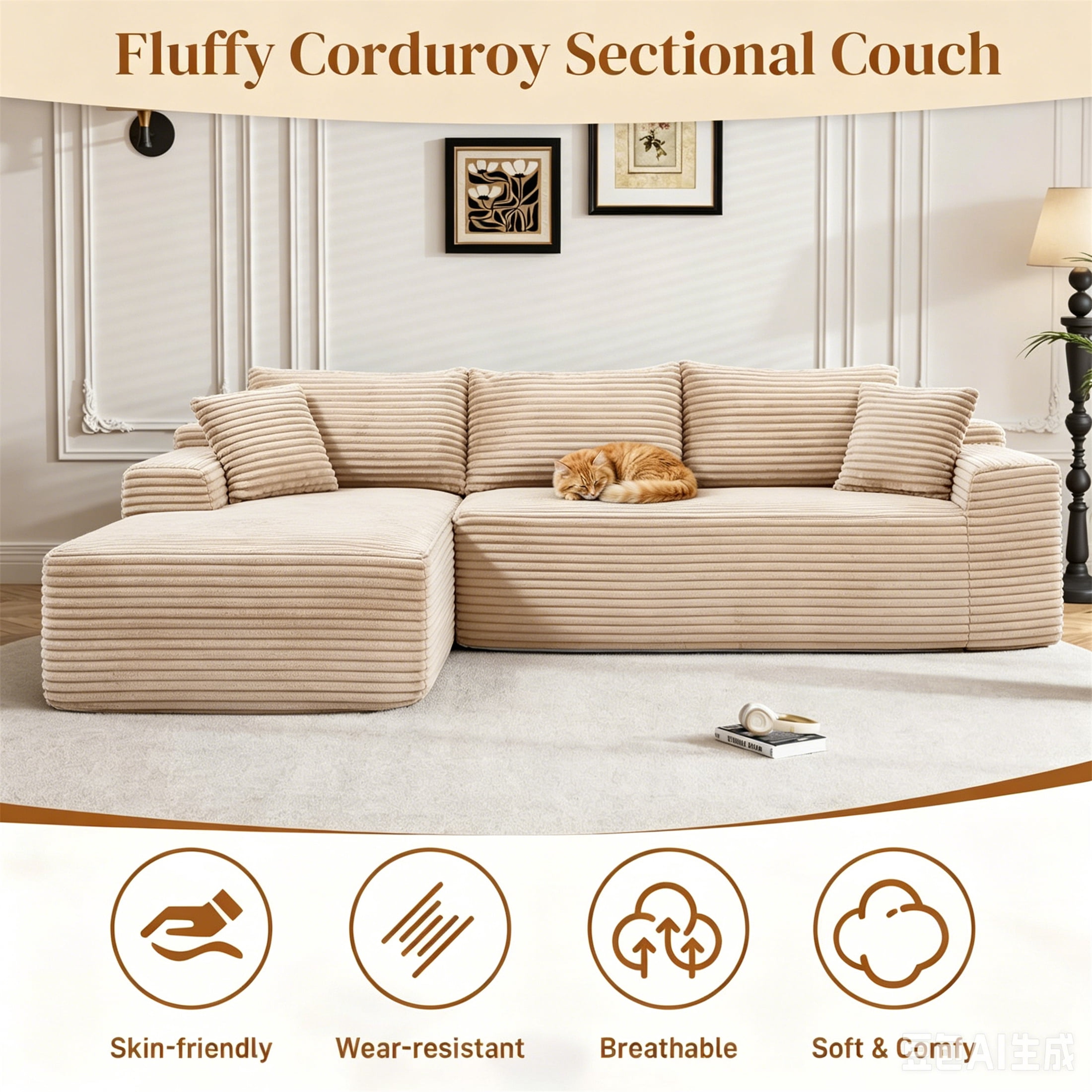 Aukfa 96" Cloud Sectional Sofa Deep Seat Boneless Couch Modular L-Shaped Couch, Left Chaise Corduroy Sofa for Living Room, Camel