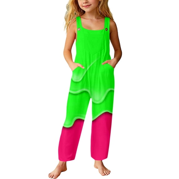 BOOMNY Girls Jumpsuits Ice Cream Graphic Sleeveless Spaghetti Strap Romper for Kids Soft Jumpsuit With Pockets