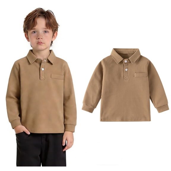 Boys' Polo Shirts Long Sleeve Coffee Boy Button down Shirt Casual Collared Shirts School Uniforms Boys 2-3 Years Shirts