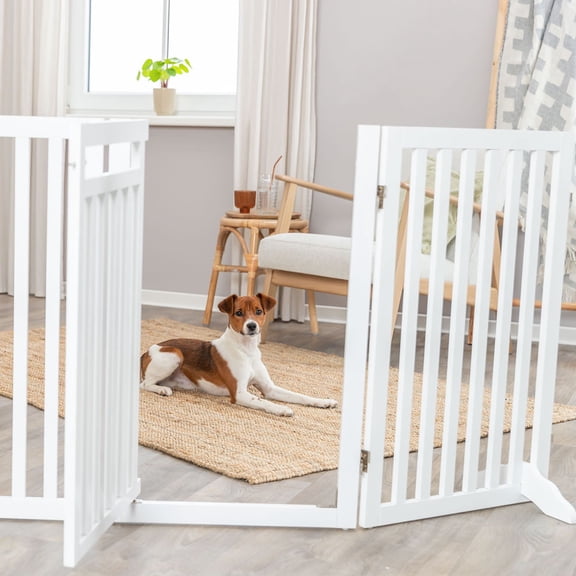 TRIXIE 4-Panel Foldable Wood Freestanding Pet Gate, Walk Thru Door, Expands to 81.2", White