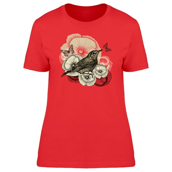 Bird With Poppy Flowers Ink Art Tee Women's -Image by Shutterstock