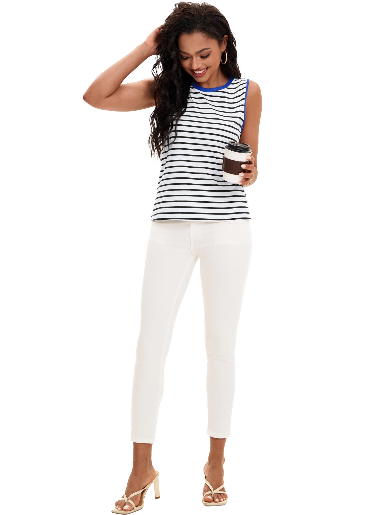 DARING DIVA Women's Striped Tank Top with Color Block XL White Blue